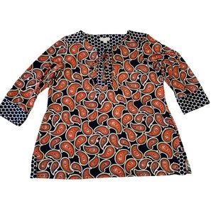 Charter Club Woman Pullover Top Blouse Sz 1X Dark Blue Paisley Print 3/4 Sleeve